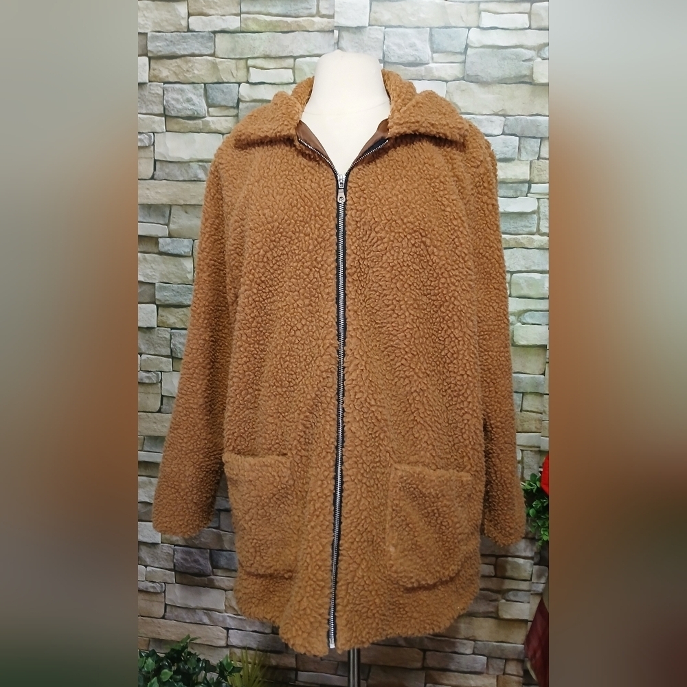 Lanshifei Women’s 2-Pocket Full Zip Fleece Teddy Jacket Camel Brown Size XXXL
